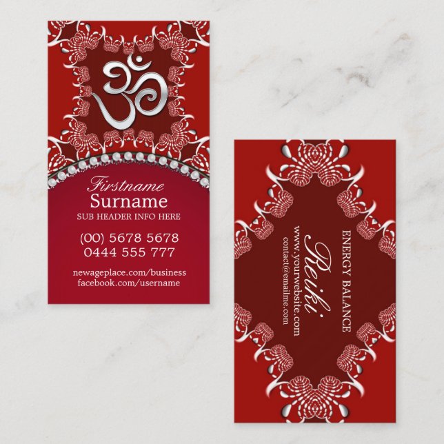 Tarjetas de visita para yoga de plata roja tribal  (Anverso / Reverso)