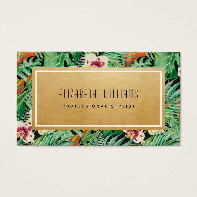 Tarjetas de visita Tropical Florals Gold Stylist (Frente)