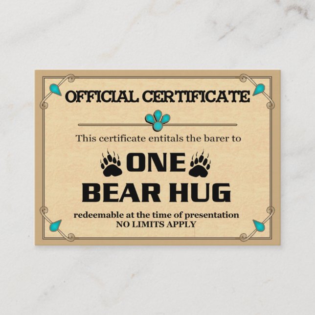 Tarjetas del certificado del ABRAZO de OSO (Anverso)