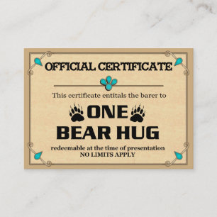 Tarjetas del certificado del ABRAZO de OSO