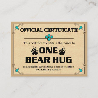 Tarjetas del certificado del ABRAZO de OSO