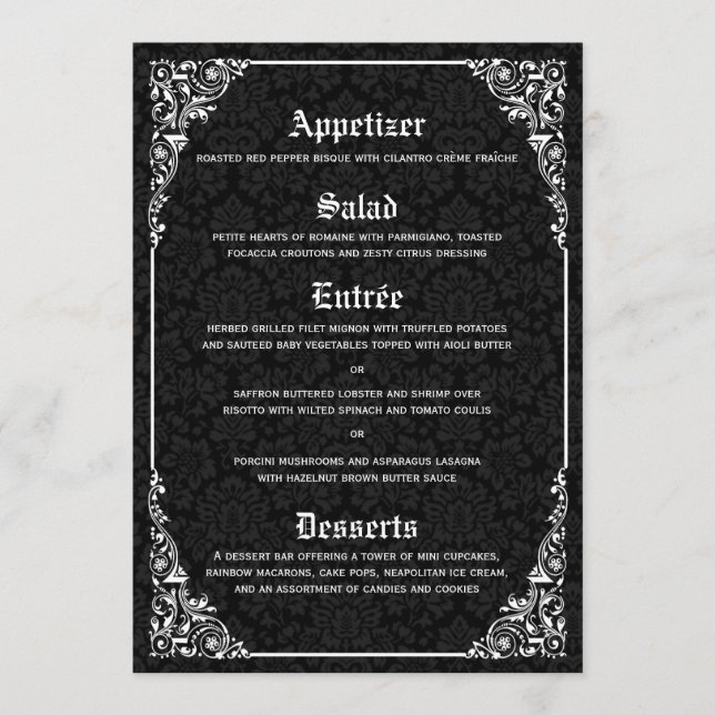Tarjetas del menú Damask de Black Gothic Victorian (Anverso)