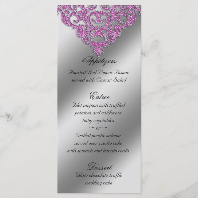 Tarjetas del menú de la boda de Damask Sparkle Ros (Anverso)