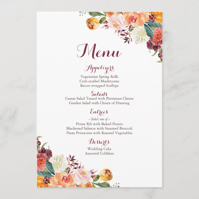 Tarjetas del menú de la boda de la flor de la (Anverso)