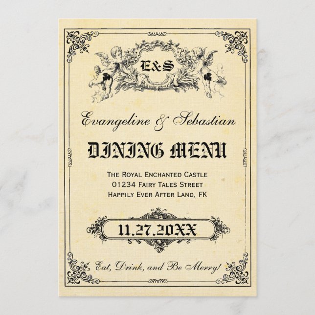 Tarjetas del menú de la boda del guión del cuento (Anverso)