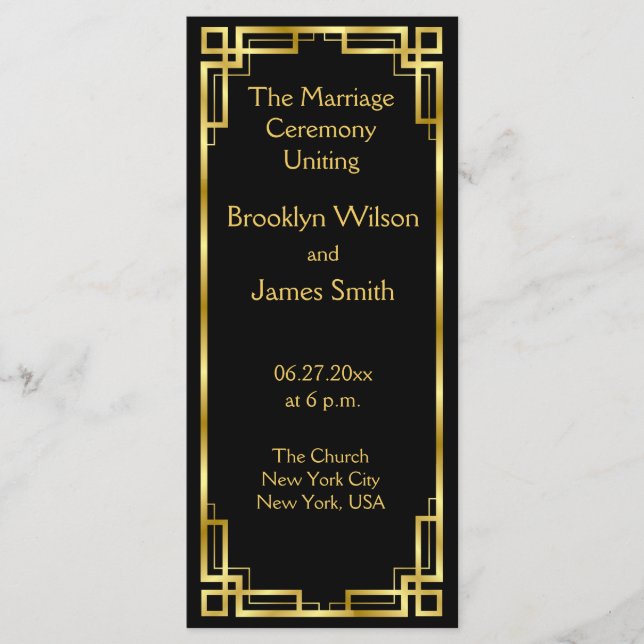 Tarjetas del programa Art Deco Black And Gold Wedd