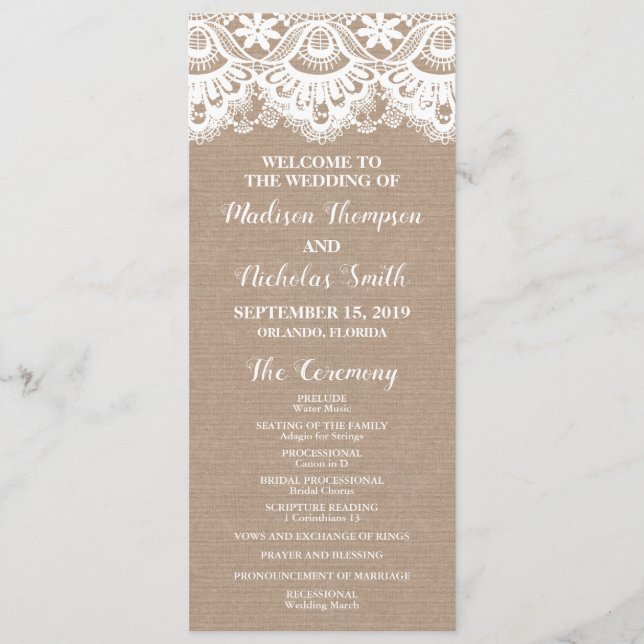 Tarjetas del programa Burlap and Lace Wedding, Rus (Anverso)