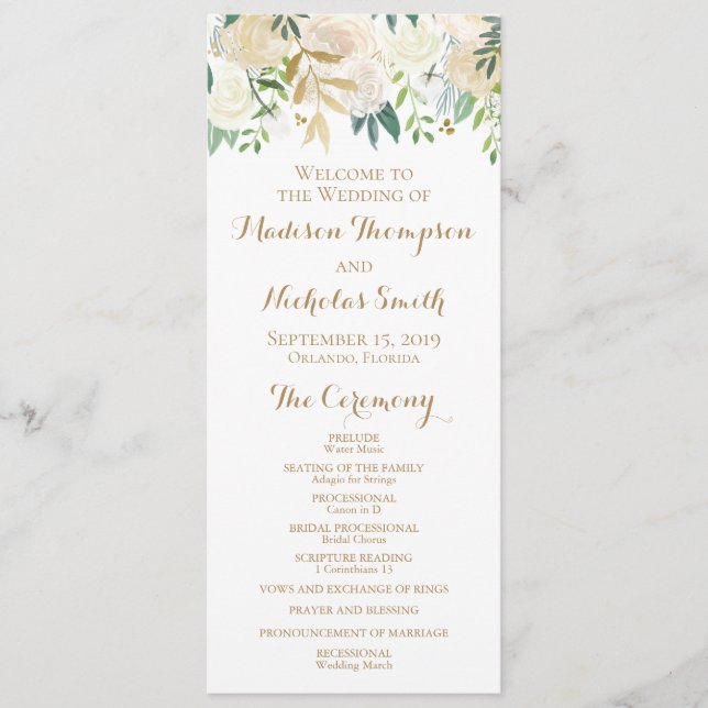 Tarjetas del programa de bodas de flores blancas y (Anverso)