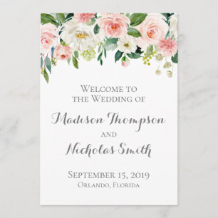 Tarjetas del programa de bodas de flores rosas y b