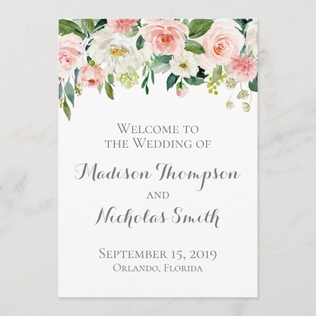 Tarjetas del programa de bodas de flores rosas y b (Anverso)