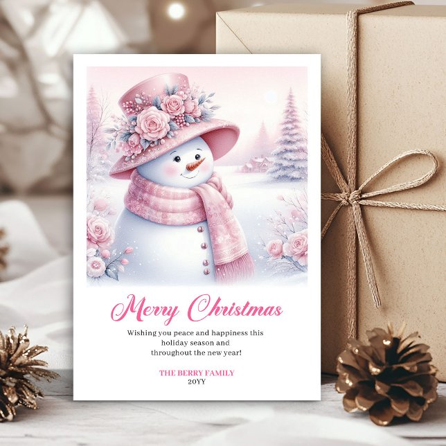 Tarjetas digitales de escena invernal de muñeco de (Whimsical Pink Snowman Digital Winter Scene Greeting Card

)