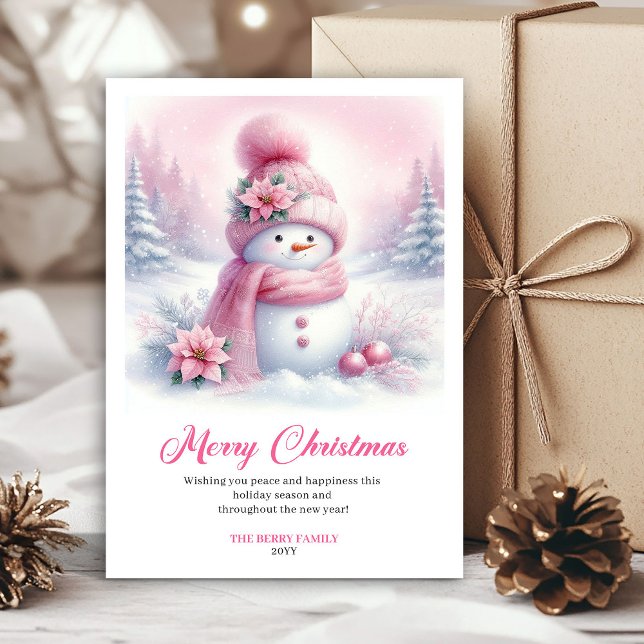 Tarjetas digitales de Navidad de un muñeco de niev (Trendy Pink Snowman Digital Christmas Scene Greeting Card

)