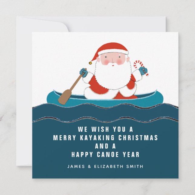 Tarjetas divertidas de Navidad de kayak en canoa (Anverso)