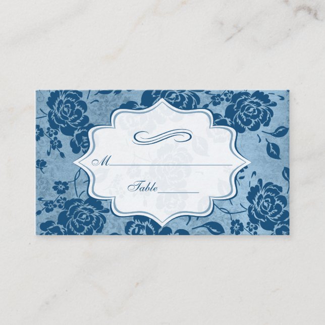 Tarjetas Dusty Blue, White Floral Damask Place (Anverso)