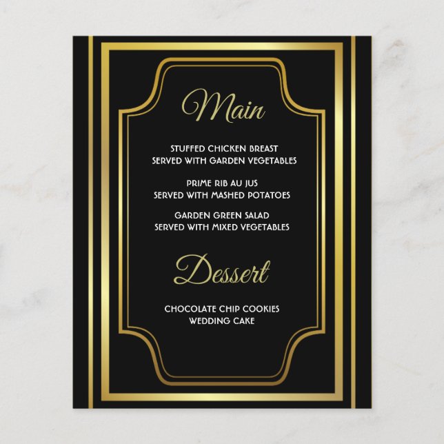 Tarjetas elegantes de menú Boda de oro negro (Anverso)