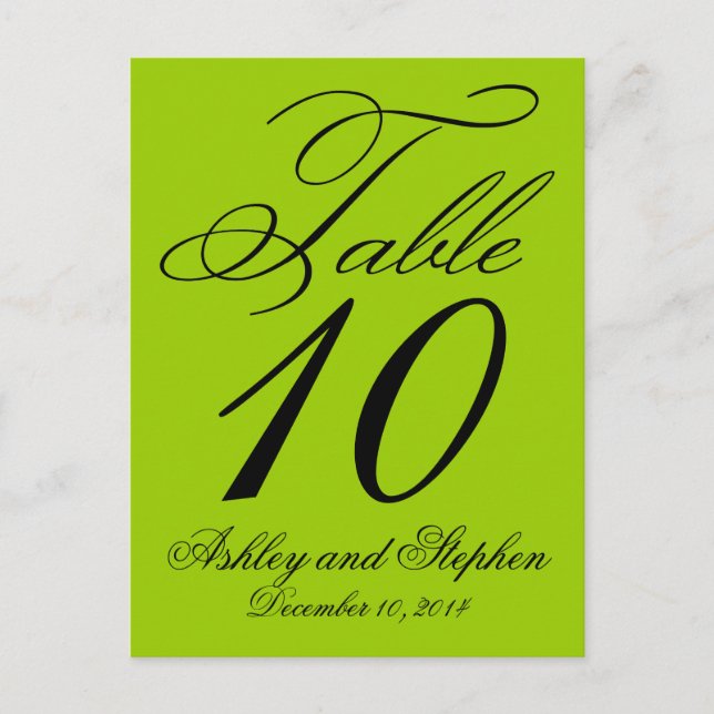 Tarjetas elegantes de número de mesa de boda verde (Anverso)