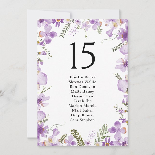 Tarjetas elegantes de tabla de Boda púrpura (Anverso)