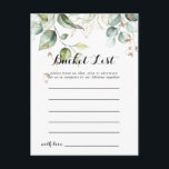 Tarjetas elegantes para la lista de cubo de la veg<br><div class="desc">Estas elegantes tarjetas doradas son la actividad perfecta para una recepción nupcial moderna o una ducha de novia. El diseño presenta oro de mano y hojas de eucalipto botánico verde,  inspiradoras de belleza artística. El signo de la lista de cubo se vende por separado.</div>