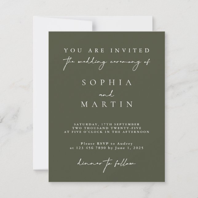 Tarjetas elegantes y modernas de Boda verde oscuro (Anverso)