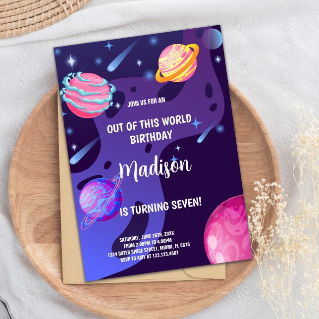 Tarjetas Fiestas Galaxia editables con planetas y  (Purple Planets Outer Space Birthday Invitations)