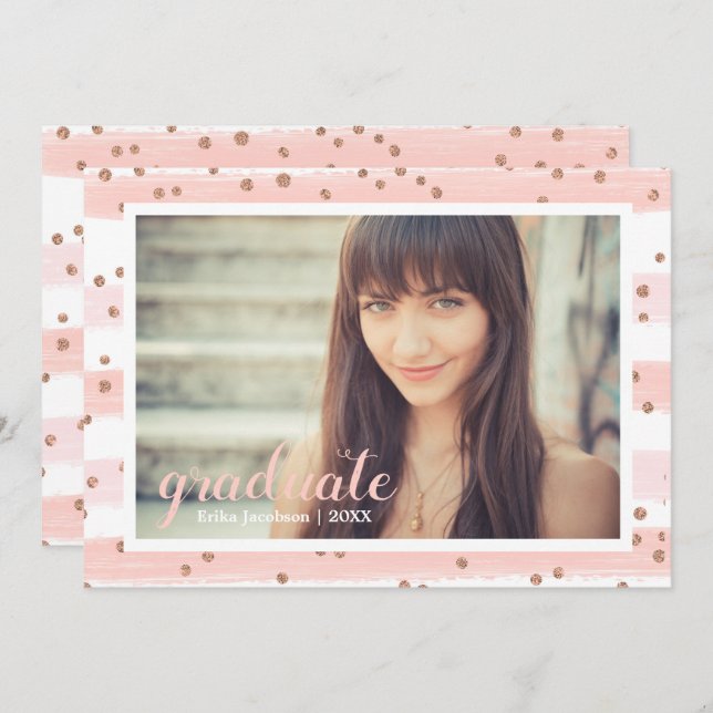 Tarjetas Fiestas graduadas con rayas rosadas y dor (Anverso / Reverso)