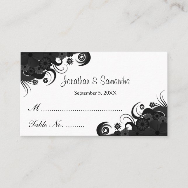 Tarjetas Floral Black and White Boda Table Place (Anverso)