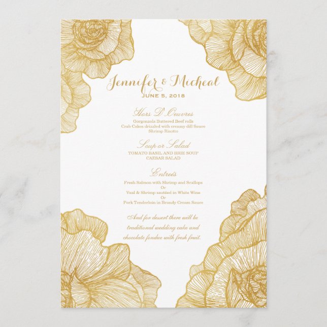 Tarjetas florales del menú de la boda del oro (Anverso)