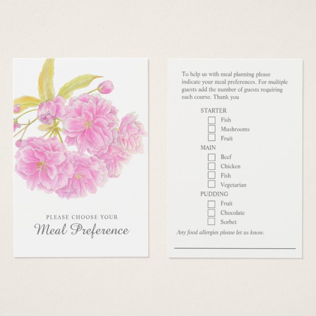 tarjetas florales rosadas preferentes a las comida (Anverso y reverso)