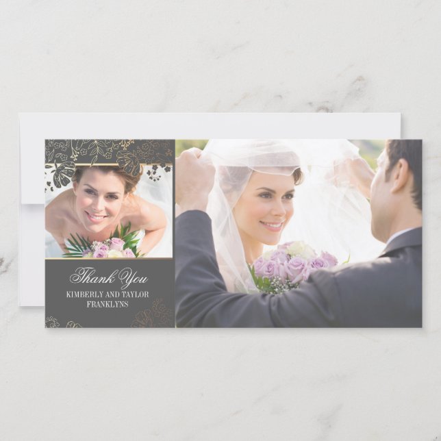 Tarjetas fotográficas Bodas de flores de gris y or (Anverso)