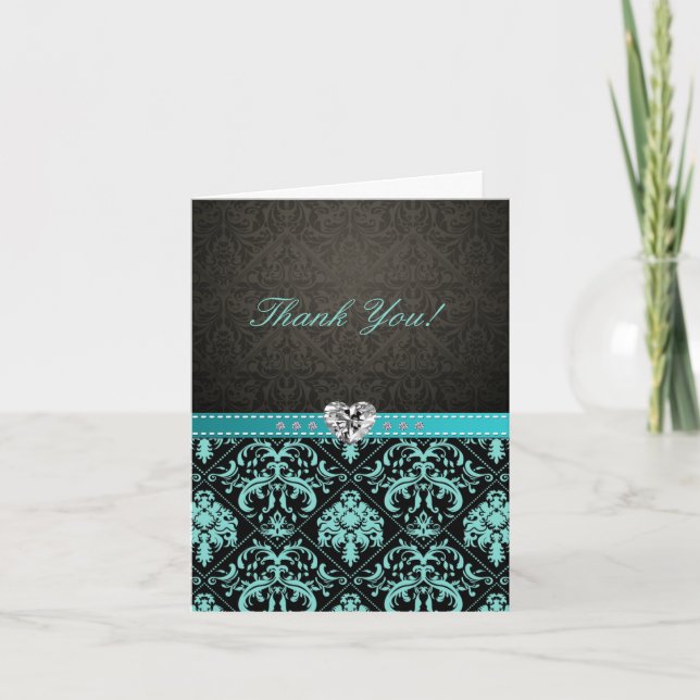Tarjetas "Gracias" de Damasco Elegante Aqua Azul / (Anverso)