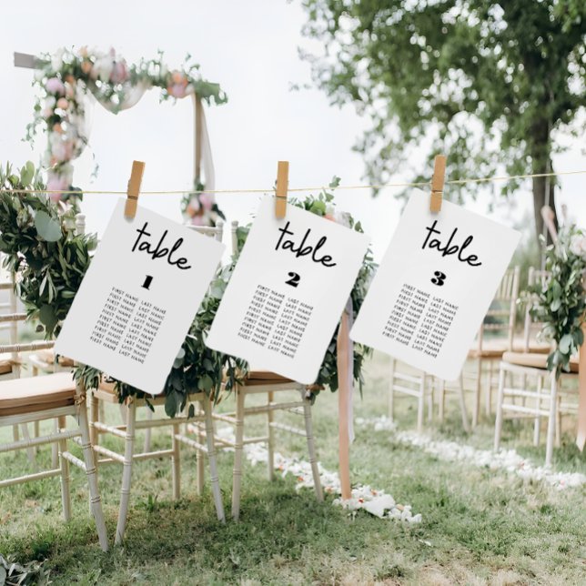 Tarjetas gráficas modernas y mínimas de boda blanc (wedding seating chart cards)