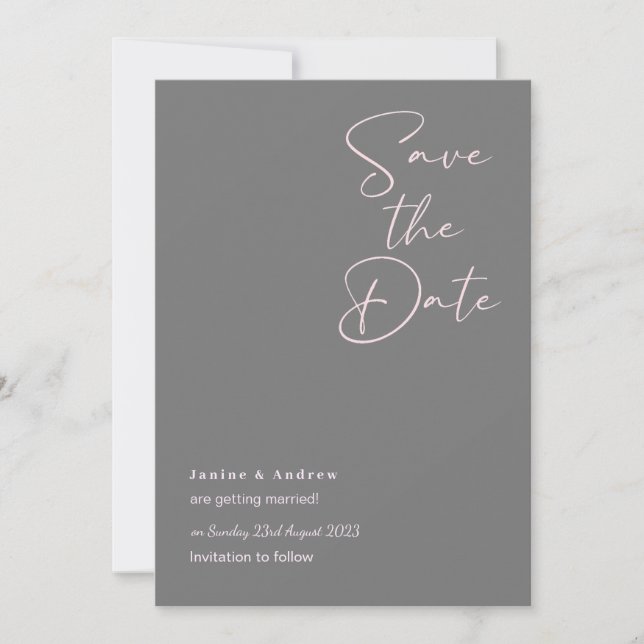 Tarjetas grises y rosas de save the date de boda (Anverso)