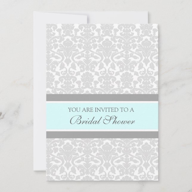 Tarjetas invitativas Aqua Gray Damask Bridal Showe (Anverso)
