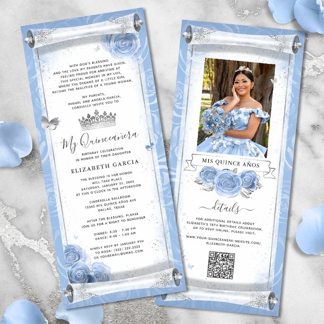 Tarjetas invitativas Light Blue Silver Birthday Sc (Elegant light blue and silver quinceanera scroll invitation cards for a Cinderella birthday party.)