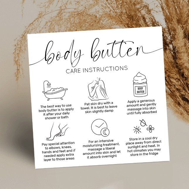 Tarjetas minimo elegante de cuidado de la mantequi (Minimal body butter application guide cards with care icons and elegant script fonts)