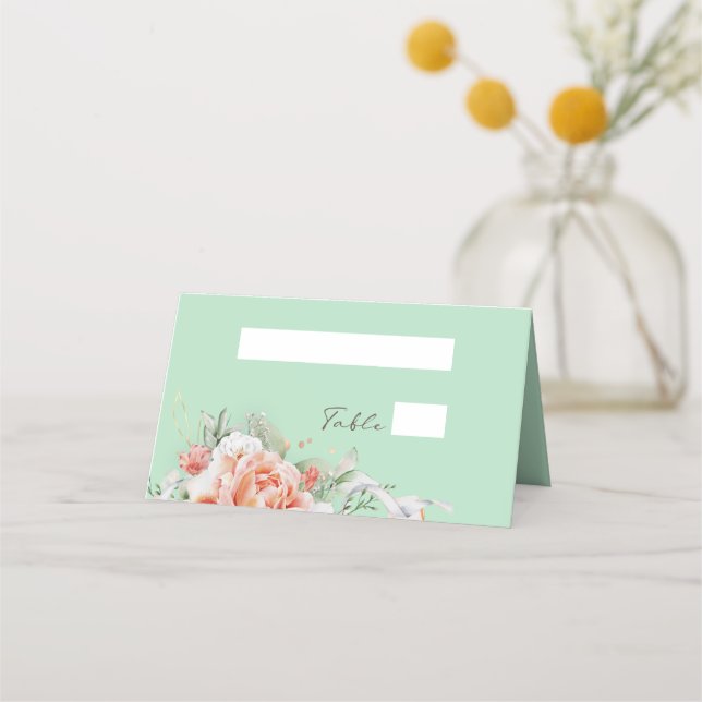 Tarjetas Mint Green & Floral Boda Place (Anverso)
