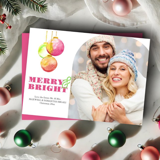 Tarjetas modernas para Navidades rosados con fotos (Pink Christmas cards with photo Watercolor bauble art by Victoria Grigaliunas Do Tell A Belle)