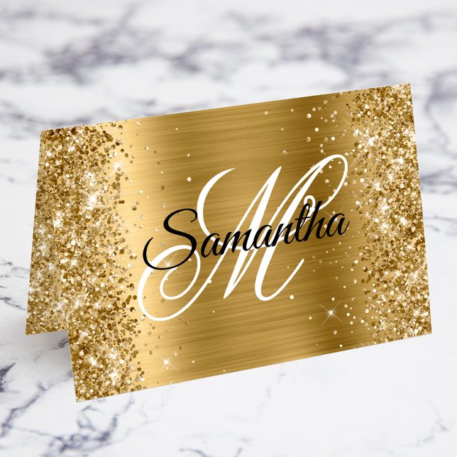 Tarjetas monográficas Purpurinoso de oro Fancy (Glittery Gold Fancy Personalized Monogram Individual Place Card for your Wedding Event)