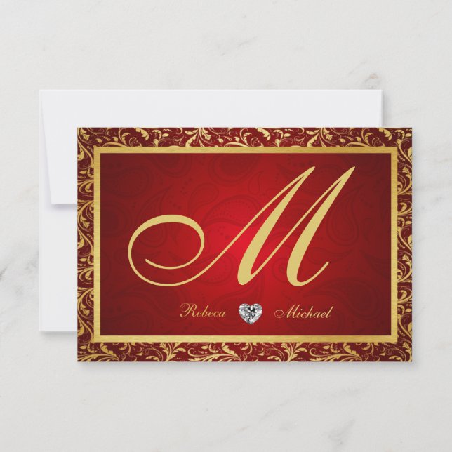 Tarjetas Monograma Damask Red / Gold RSVP (Anverso)