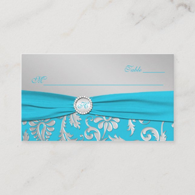 Tarjetas Monogramadas Turquesa y Plata Place (Anverso)