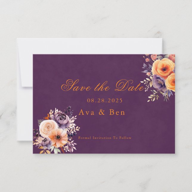 Tarjetas moradas de naranja florales de boda para  (Anverso)