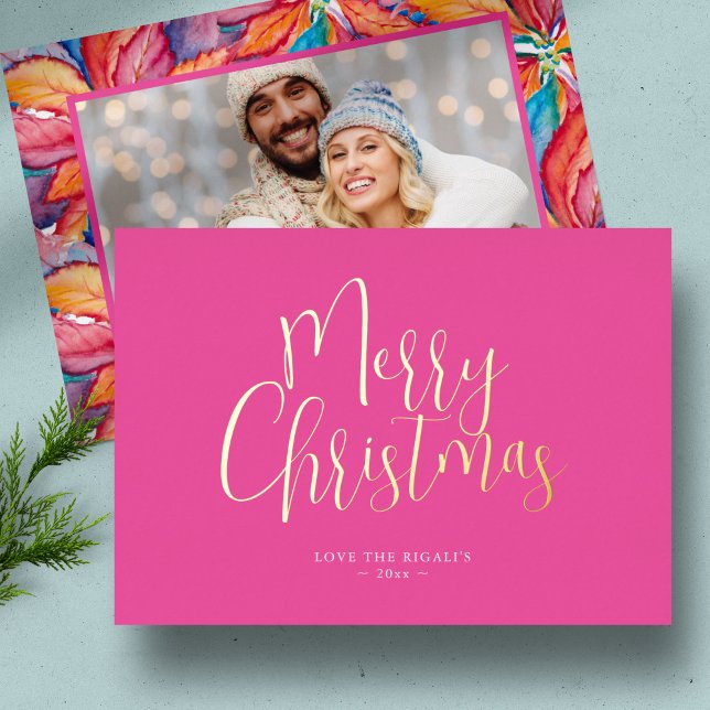 Tarjetas Navidades rosas con foto (Unique photo pink Christmas card watercolor art and design by Victoria Grigaliunas)