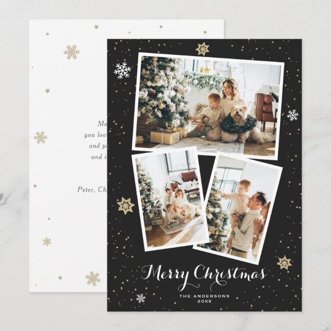 Tarjetas navideñas de Collage de fotos negro perso (Anverso / Reverso)