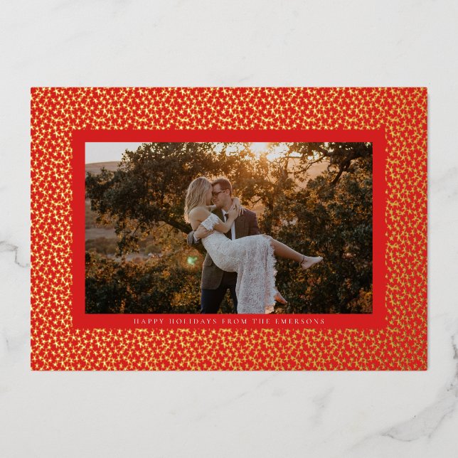 Tarjetas Navideñas de Foto Boho Rojo Estrellas Dor (Anverso)