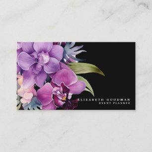 Tarjetas Negras de Negocios con Orquídeas Púrpura 