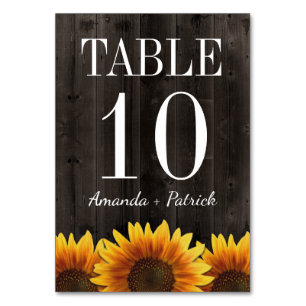 Tarjetas numéricas de Boda de girasol de madera rú