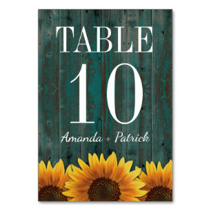 Tarjetas numéricas de Boda de girasol turquesa