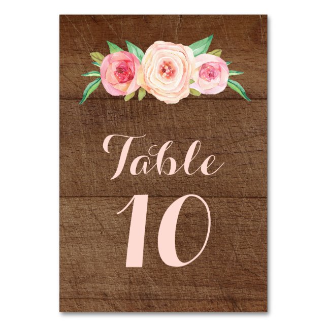 Tarjetas numéricas del Boda de madera floral rosa  (Anverso)