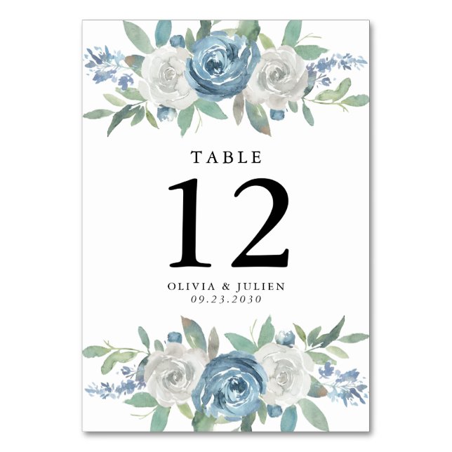 Tarjetas numero de tabla de Boda azul y blanco tur (Anverso)