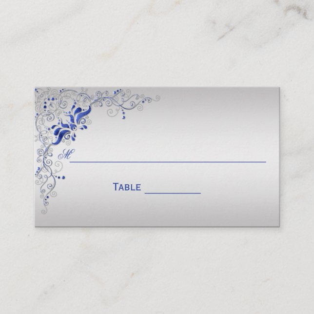 Tarjetas Ornate Blue and Silver Floral Swirls Plac (Anverso)